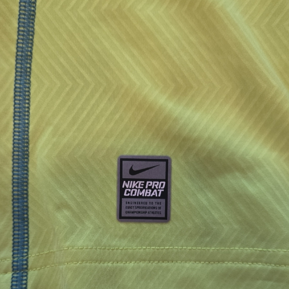 Nike Pro Combat Hyperwarm Lite Fitted Neon Yellow Top with Blue Detail Zip Neck - Picture 2 of 6